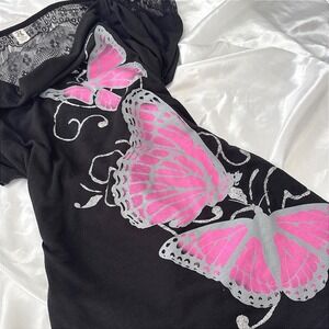 H&H Black Butterfly Graphic Lace Back Cowl Neck Top Large Y2K Pink Glitter